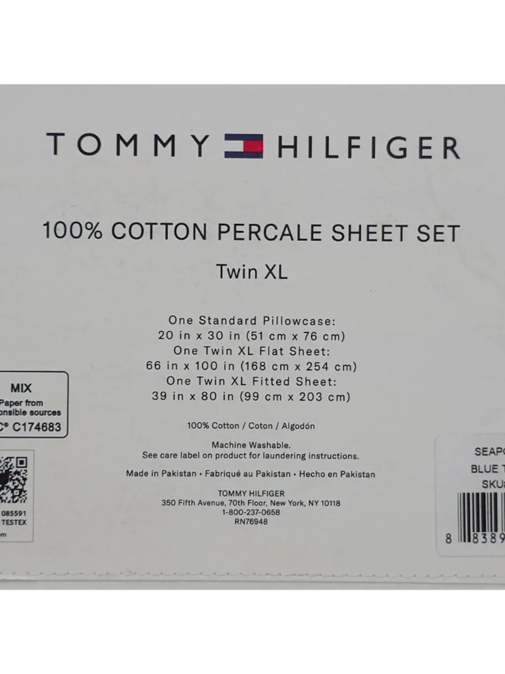 Tommy Hilfiger 100% Cotton Percale Sheet Set Twin XL Seaport Stripe Blue & White